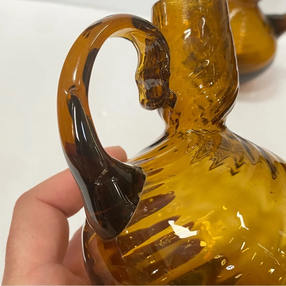 Set of 2 Vintage Root Beer Amber Swirled Glass Vase w/ applied handle
